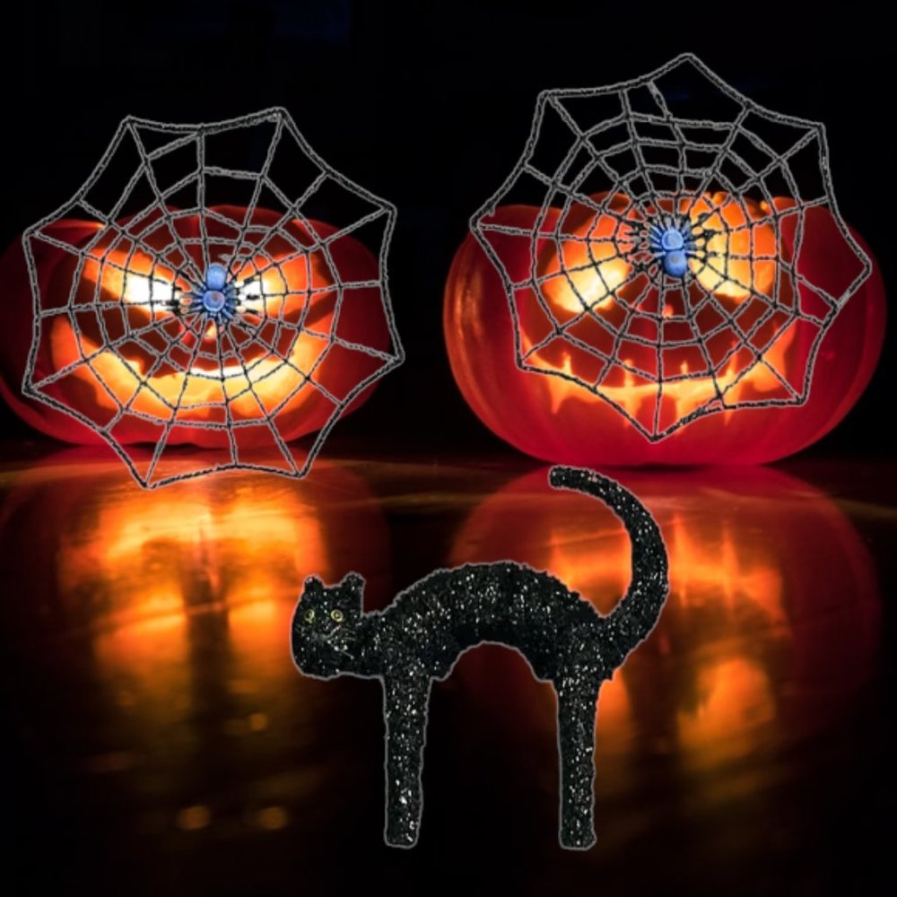 Vintage Halloween Holiday Tinsel Wire Standing Arching Black Cat and SpiderWebs